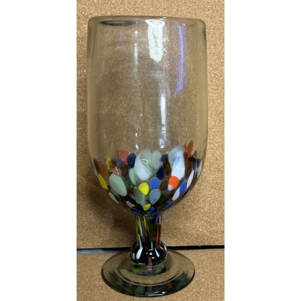 Mexican Confetti Mosaic Hand Blown Glass Goblet Wine Glass 8"
